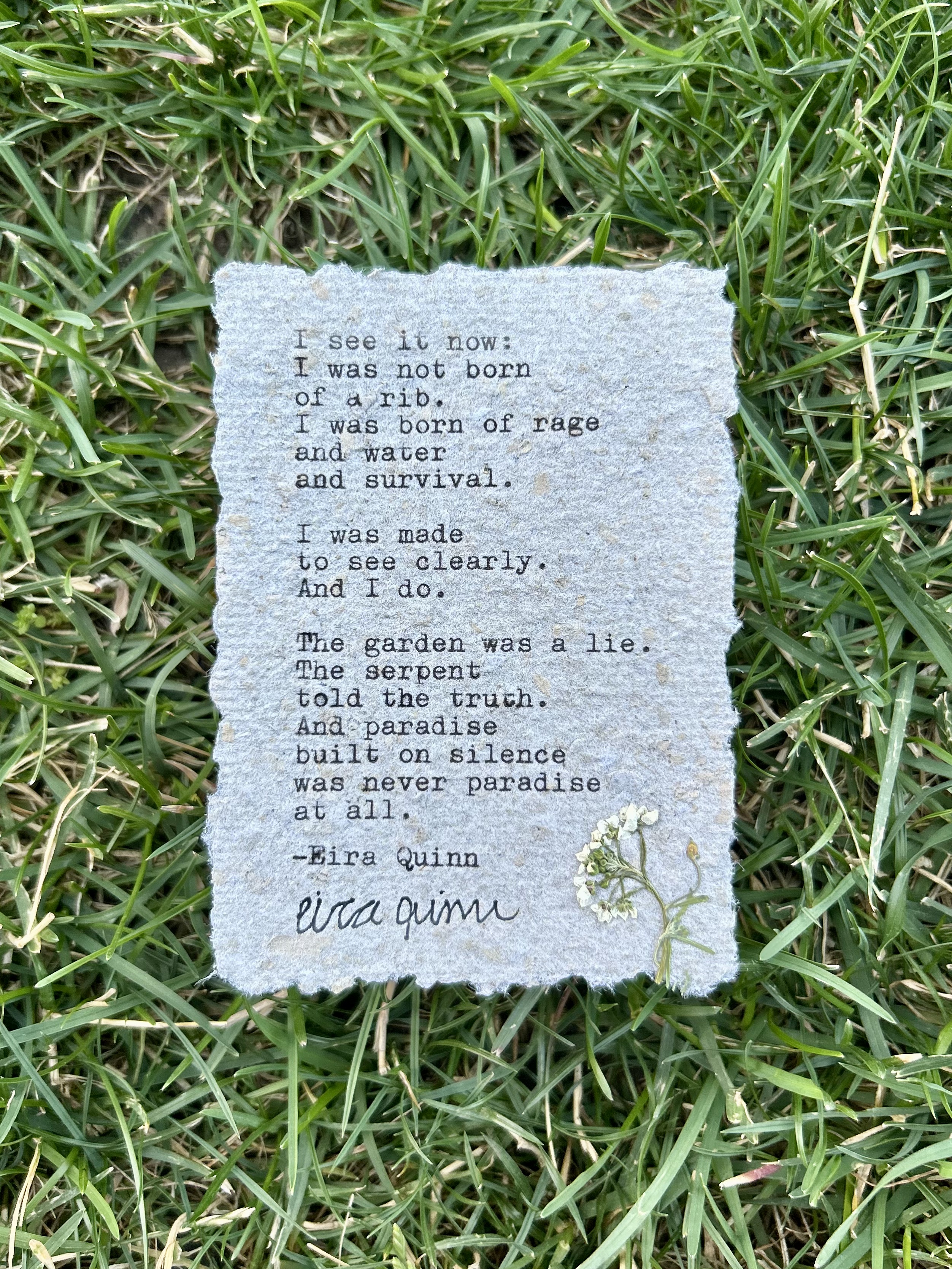 The Garden Was a Lie typed on handmade paper with pressed flower